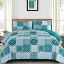 Dobuyly Teal Quilt Set Queen Size, Boho Turquoise Plaid Patchwork Bedspreads Coverlet Set, 3 Pieces Soft Lightweight Microfiber Bohemian Quilt Bedding Set for All Seasons 96"x90"
