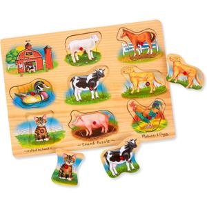 Melissa & Doug Farm Sound Puzzle - Wooden Peg Puzzle With Sound Effects (9 pcs)