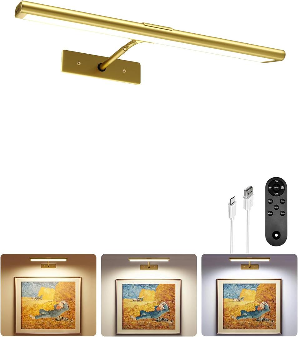 EZVALO Picture Light for Wall, 4800mAh Rechargeable Wireless Remote, 13in Dimmable Magnetic LED Art Display Light with 3 Color Temperatures, for Gallery, Living Room, Bedroom, Hallway (Gold)