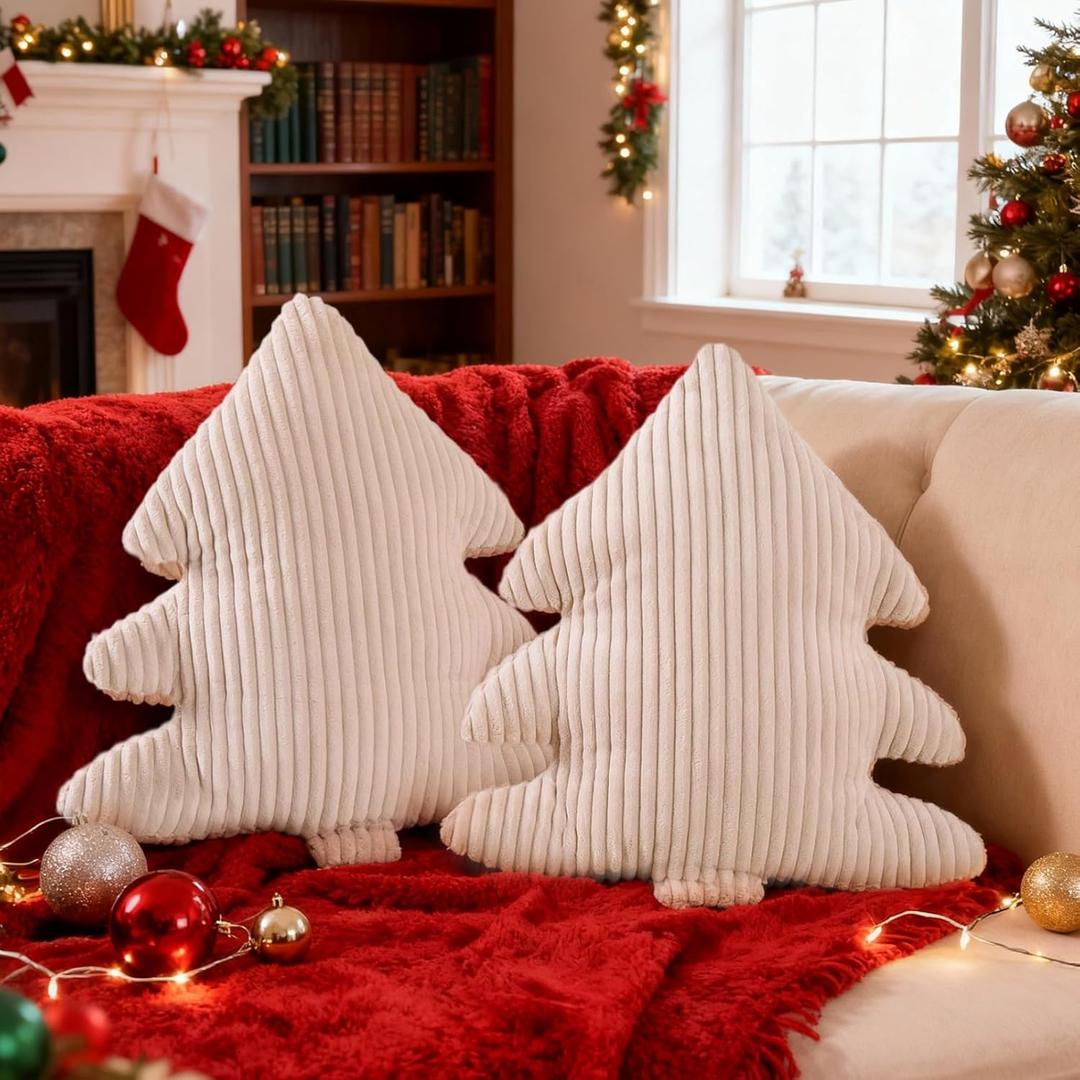 Lanpn Christmas Tree Pillows Set of 2, Christmas Decoration Narrow Stripes Winter Throw Pillow Soft Cute 3D Shaped Xmas Tree Cushion for Sofa Bedroom Xmas Decor (18x16 inch, Off White) (Beige)