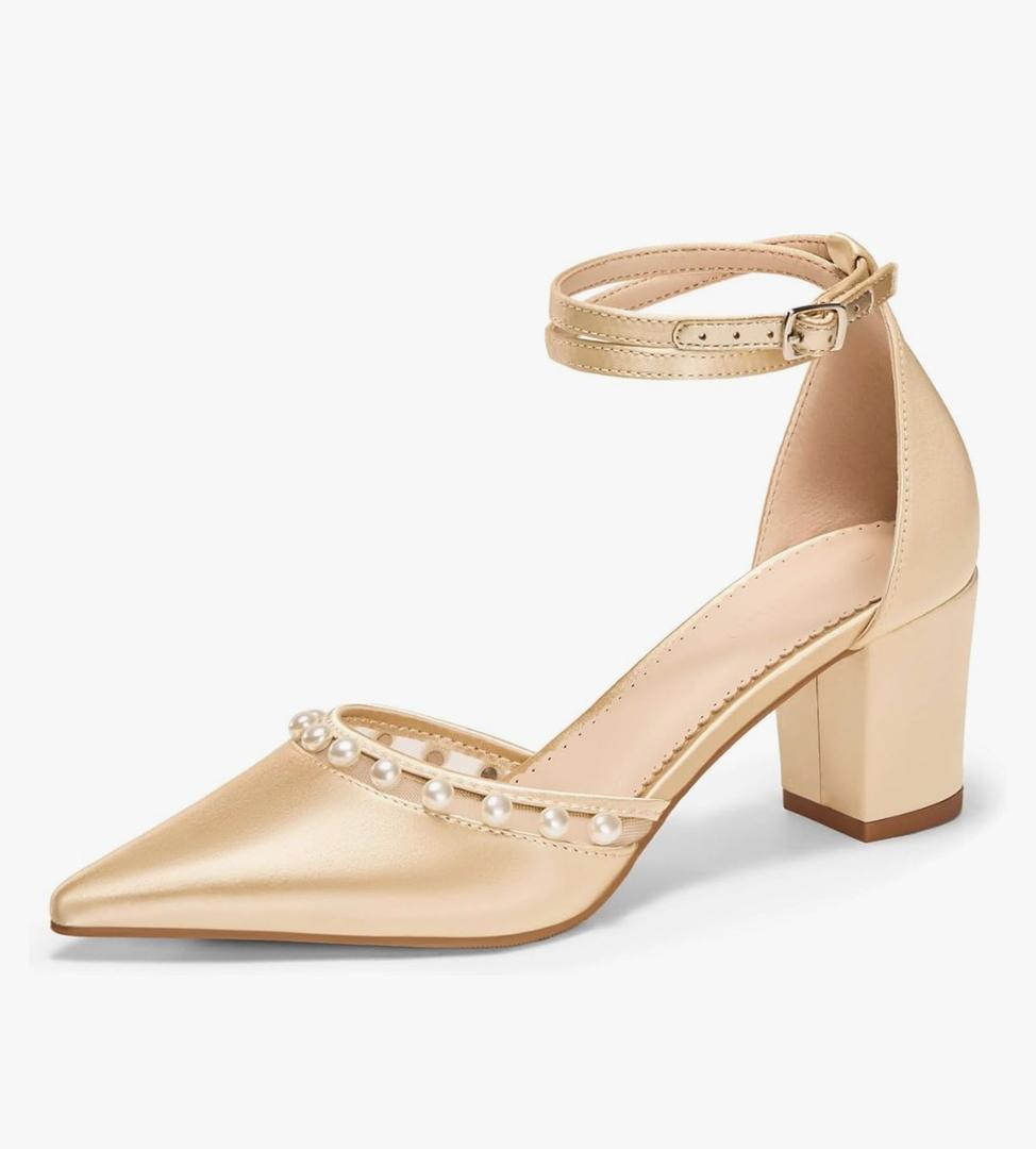 Coutgo Womens Pearl Chunky Heels Wedding Shoes for Bride Closed Pointed Toe Ankle Strap Satin Pumps (8, Champagne Gold)
