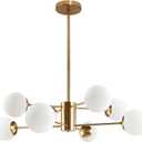 8-Light Globe Sputnik Chandelier Gold Mid Century Modern Light Fixture Brushed Brass Finished with White Frosted Globe Glass Lampshade Sputnik Chandeliers for Dining Room Kitchen Island Bedroom (8-Light, 35.4", 2-Tier)