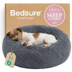 Bedsure Calming Dog Bed for Small Medium Dogs - Donut Washable Medium Pet Bed, 27 inches Anti-Slip Round Fluffy Plush Faux Fur Cat Bed, Dark Grey