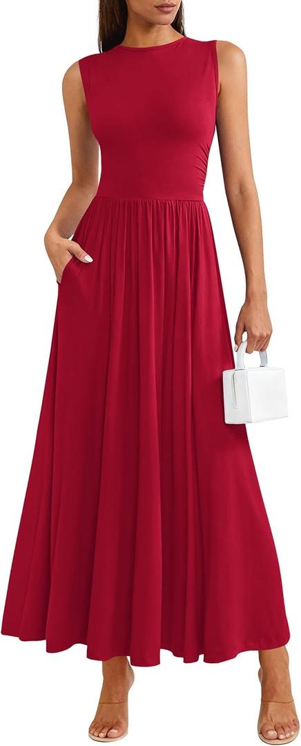 PRETTYGARDEN Summer Maxi Dresses for Women 2026 Sleeveless A Line Flowy Long Casual Sundress Wedding Guest Fashion Clothing (Red)