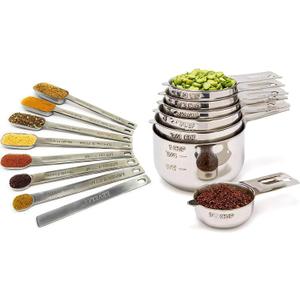 Measuring Cups and Spoons Set of 15, Stackable Cups, Long Handle with Leveler Fits Narrow Jars, 304 Premium Stainless Steel, Kitchen Gadgets for Liquid & Dry Ingredients Cooking Baking