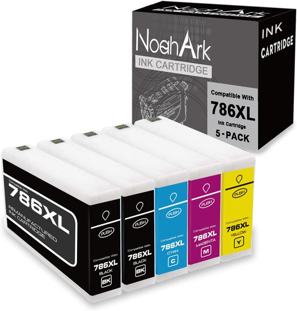 NoahArk 5 Packs 786XL Remanufactured Ink Cartridge Replacement for Epson 786 T786XL High Yeild for Workforce Pro WF-4630 WF-4640 WF-5110 WF-5190 WF-5620 WF-5690 Printer (2Black, Cyan, Magenta, Yellow)