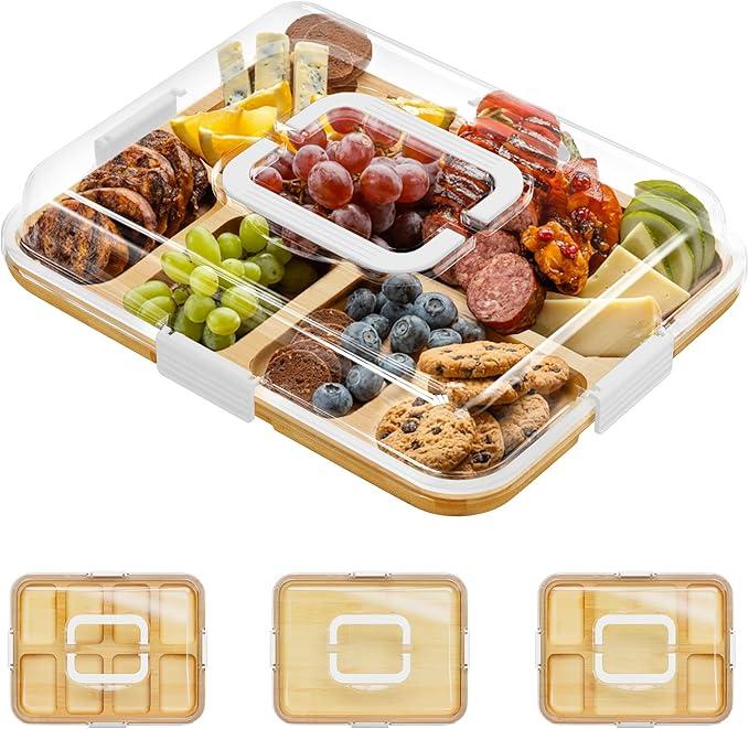 Core Hom Charcuterie Board with Clear Lid, Portable Travel Cheese Cutting Boards for Picnic Accessories, Bamboo Serving Tray with Lids, House Warming Gifts, White Handles, 5 Compartments