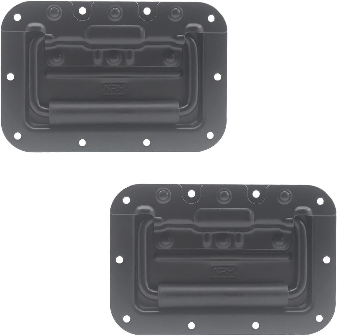 2PCS Spring Loaded Pull Handle, Heavy Duty Furniture Hardware Cover Ring Handle for Box Chest Case Cabinet Speaker with Rubber Grip Surface Mounted (Black Iron 162x107x13mm/6.4x4.2x0.5'')