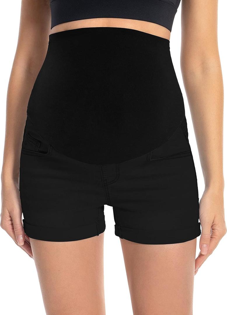 Foucome Maternity Denim Shorts Over Bump Ripped Distressed Folded Hem Blue Jean Shorts Comfy Summer Pregnancy Shorts (Large, 138# Black)