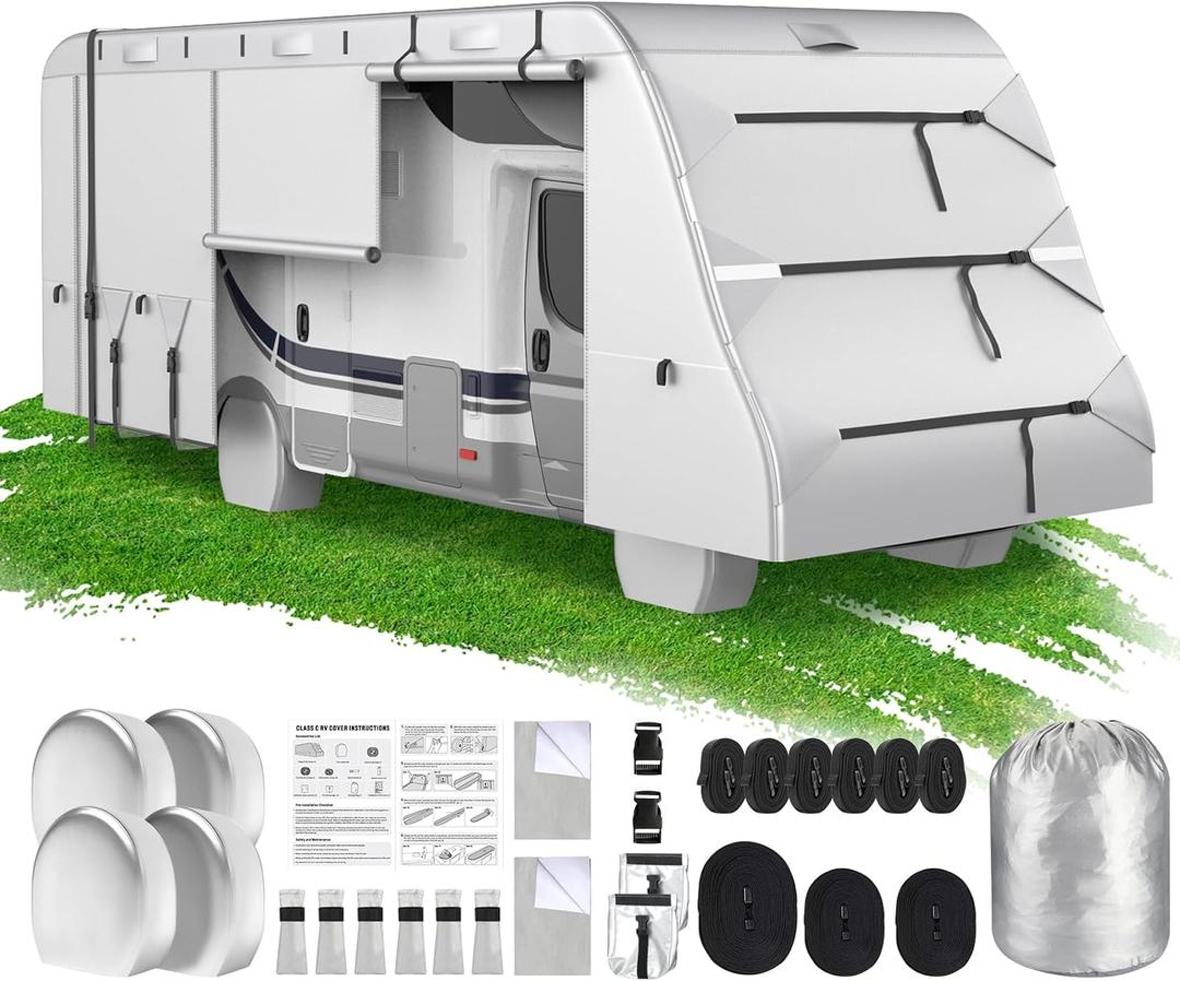 Mofeez Class C RV Covers 26-29 Ft, 420D Oxford Fabric Class C Motorhome Cover, Waterproof Windproof Anti-UV Anti-Tear Motorhome Camper Cover with 2Pcs Extra Straps & 4 Tire Covers