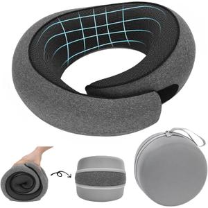 Travel Neck Pillow for Airplane - 100% Memory Foam 360 Ergonomic Support - Adjustable Velcro, Washable Velvet Cover & Compact Storage Case - Flight Essentials for Sleeping(Grey)