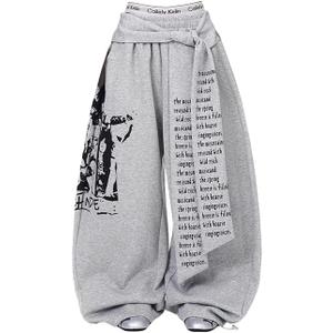 Trendy Sweatpants Women Oversized Graphic Print Grunge Pants Elastic Waist Cinched Bottom Streetwear Goth Sweatpants