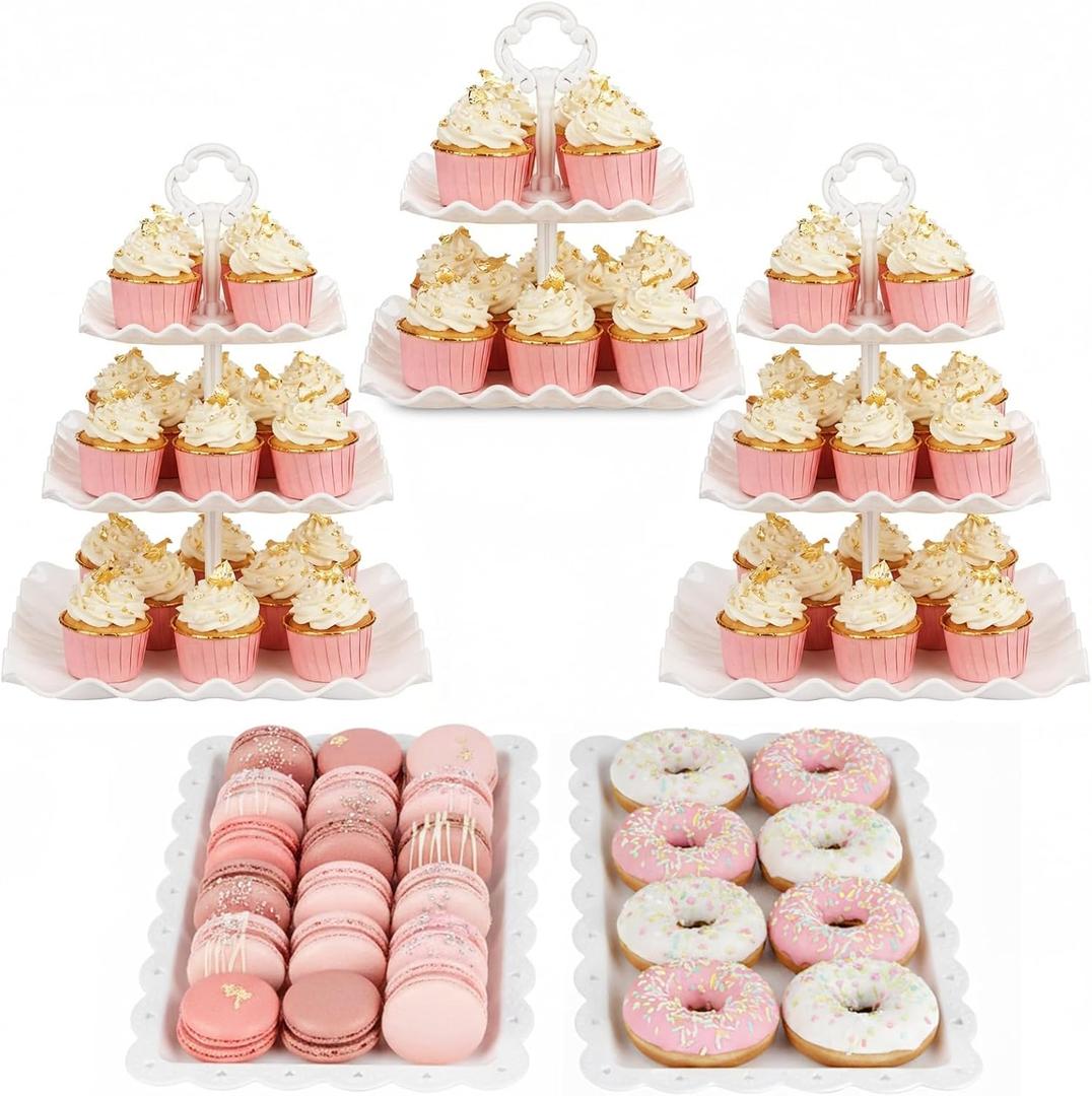 NWK 5 Piece Cake Stand Set with 2 x 3-Tier Cupcake Stands, 1 x2-Tier Cupcake Stands, 2 x Appetizer Trays, for Wedding Birthday Baby Shower Tea Party Decorations (White)