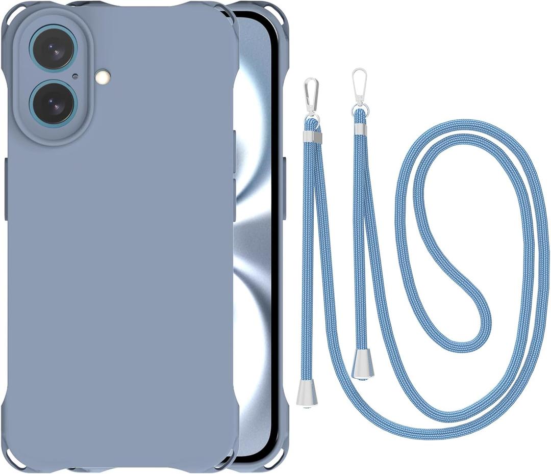 Crossbody for iPhone 16 Plus Case, Lanyard Protective Liquid Silicone Case with Adjustable Length Detachable Lanyard Rope Shockproof Hands-Free Clear Phone Cover for iPhone 16 Plus-Blue