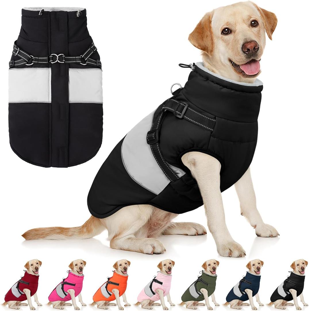 AOFITEE Dog Coats for Large Dogs, Dog Winter Coat, Dogs Coat with Harness Built in, Reflective Waterproof Pet Jacket with Furry Collar, Warm Fleece Pet Sweater for Doberman, Great Dane, Black XXL