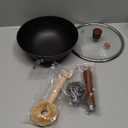 WANGYUANJI 9.5 Inch Cast Iron Wok with Glass Lid  Small Flat Bottom Stir Fry Pan with Wooden Handle, Non-Coated Cookware for Gas & Open Flame