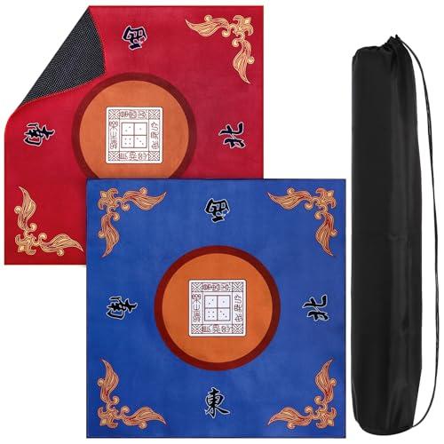 Cedilis Set of 2 Mahjong Mat with Carrying Bag, Anti Slip Mahjong Table Cover Mat for Tile Games, Board Game, Poker, Cards, 31.5 x 31.5 Inches, Noise Reduction, Blue and Red