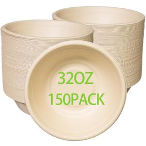 32oz Disposable Salad Bowls 150Pack, Big Paper Bowls, Large, Heavy-Duty, Eco-Friendly, Bulk Pack, Compostable Bowls, Biodegradable Made of Sugar Cane Fibers,Perfect For Salad