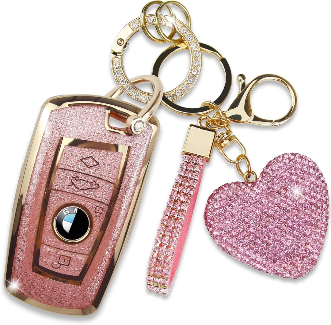 Key Fob Cover with Diamond Keychain, Car Key Shell for Women, Compatible with BMW X1 X3 X4 X5 X6 1 2 4 5 6 7 M3 M5 M6 GT3 GT5 G30 F10 F15 F16 F20 Protector (3 Buttons-Pink Heart)