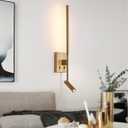 Modern Plug in Wall Sconce Indoor Ambient Lighting for Bedroom, Gold LED Wall Mounted Reading Lamp with Switch, Corded Minimalist Linear Wall Light with 5.9FT Clear Cord for Living Room Corner Hallway (1-PCS)