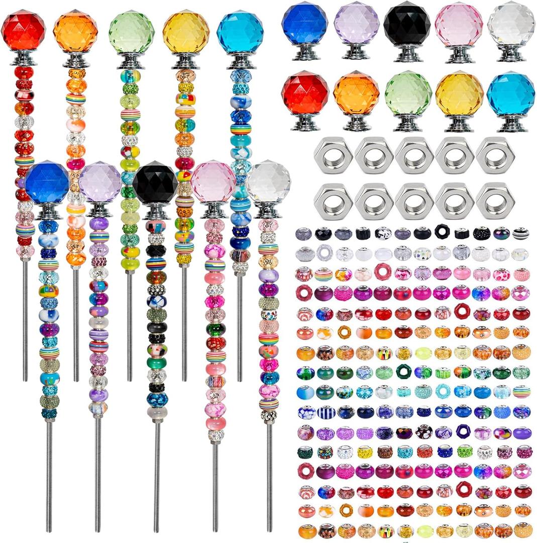 230 Pcs Beaded Garden Stakes Kit DIY Fairy Wands for Garden with 10 Colorful Crystal Stopper Top 200 Assortment Round Large Hole Bead for Outdoor Decor (10, Colorful Spherical)