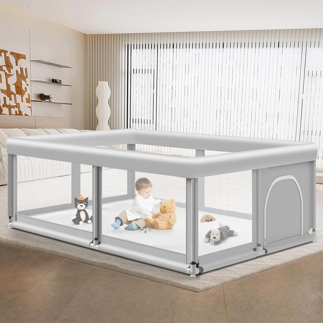 Large Baby Playpen for Babies and Toddlers, Playpen 7450, Large Baby Play Yards Indoor & Outdoor, Sturdy Safety Baby Play Pen with Soft Breathable Mesh, Toddlers Activity Center with Anti-Slip Base (Grey)