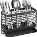 IWNTWY Utensil Holder, Upgrade Stainless Steel Utensil Drying Rack with Automatic Drain Tray for Kitchen Counter, Silverware Cutlery Organizer for Spoons, Forks, Knifes, Chopsticks (Black)