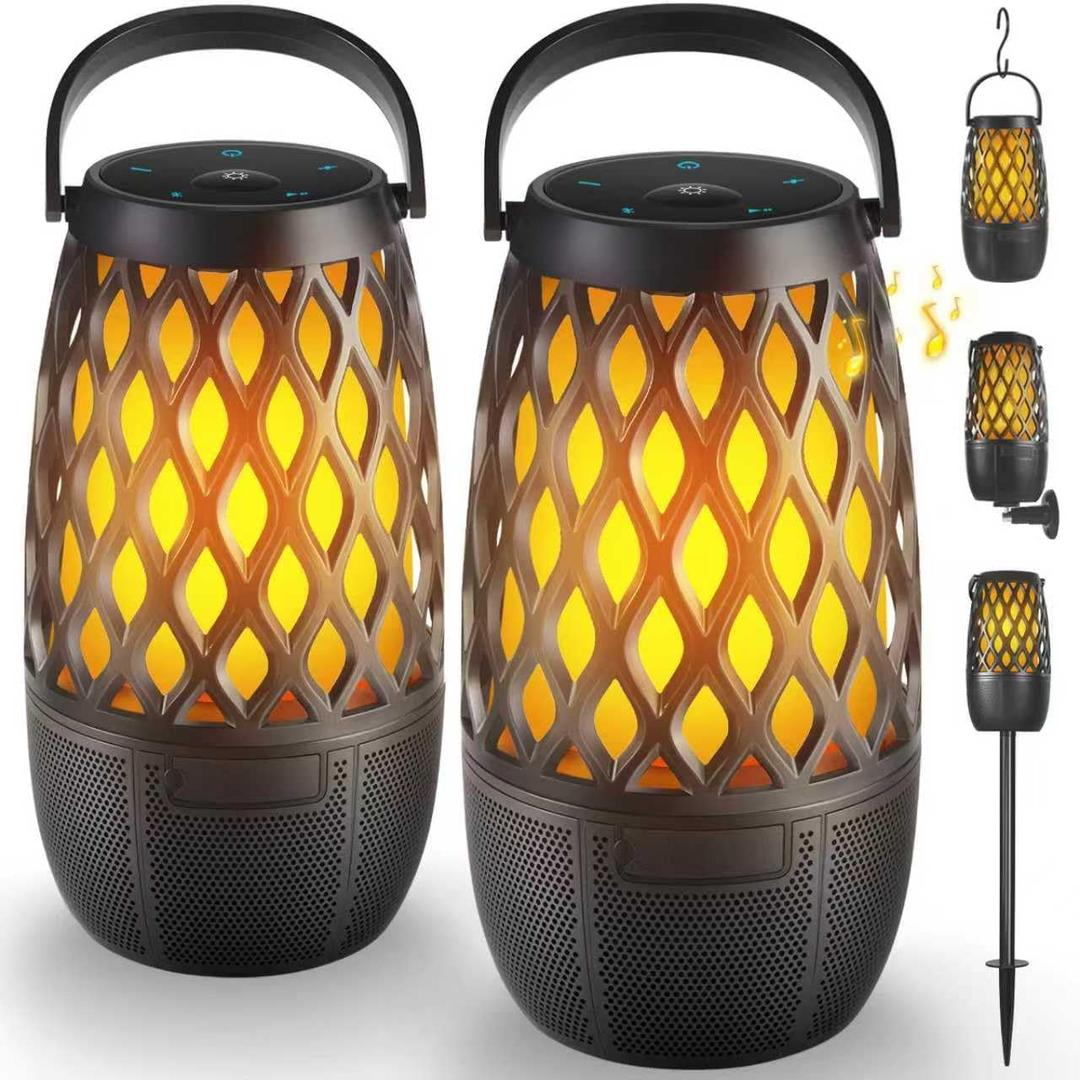 Outdoor Bluetooth Speakers Waterproof Wireless Outdoor Speakers with Flame Lights, Tech Gadgets Gift for Men Dad Her, Multi-Sync up to 100 Speakers, HD Stereo Sound, IPX5 for Patio Porch Party (2 Pack)