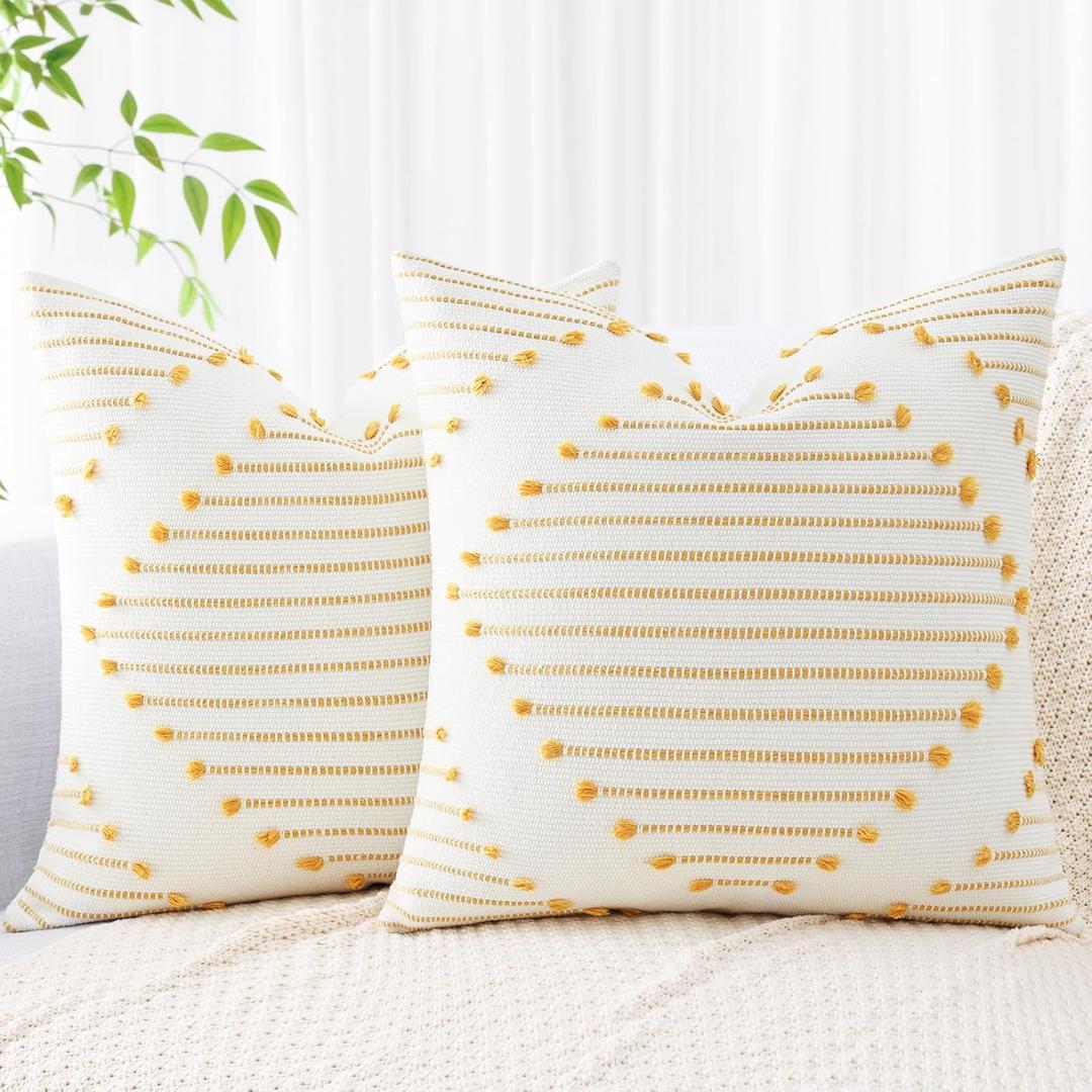 Mecatny Boho Outdoor Throw Pillow Covers 18X18 Set of 2, Farmhouse Decorative Pillow Covers for Couch Sofa Living Room, Yellow & White