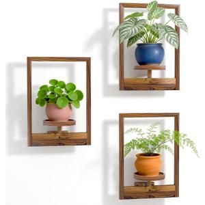 NATURE'S SOURCE Hanging Planters for Indoor Plants Wall Decor, Wooden Floating Shelves for Wall Planter, Window Plant Shelves Hold 22 lbs, Farmhouse Decor 16.5" x 11.8" (3 Pack)