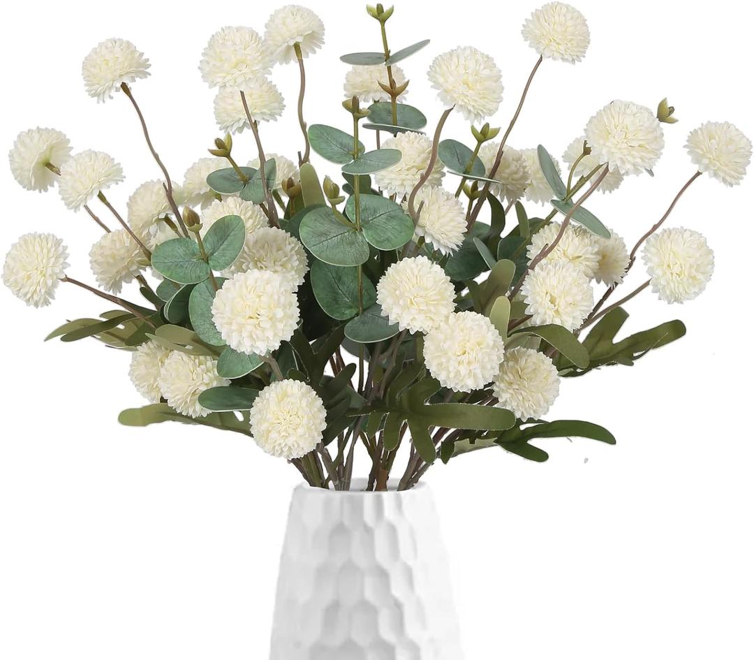 Fake Kiku Flowers,8 Stems Artificial Mum Flower with 3 Branches Eucalyptus Stems White Faux Flowers Silk Pom Pom Balls for Wedding Bouquet Home Office Party Floral Arrangements(White)