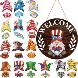 Qunclay Interchangeable Wooden Gnome Decor Holiday Seasonal Gnome Decorations with Magnet Pieces and Detachable Hats Changeable Welcome Sign for Home(Dark Brown)