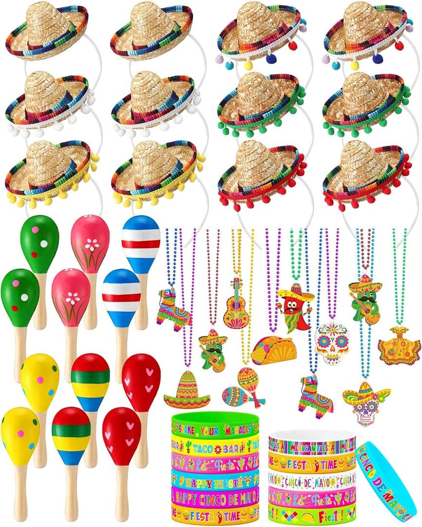48 Pcs Mexican Fiesta Party Favors Set 12 Cinco De Mayo Sombrero Hats 12 Maracas Necklaces Bracelets for Birthday (Straw, Multicolor)