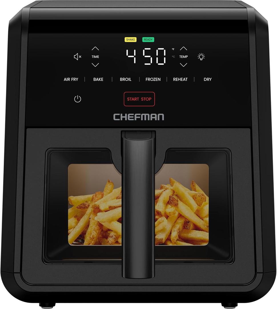 Chefman Air Fryer TurboFry 7-Qt, 6-in-1 High-Powered 450F Cooking for Crispier Results, Compact Space-Saving Design, Air Fry, Bake, Broil, Reheat, Dehydrate, Defrost, Fast & Even Cooking  Black