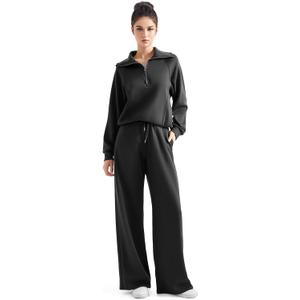 SUUKSESS Women 2 Piece Lounge Matching Set Wide Leg Sweatpant Half Zip Sweatshirt (Medium, Black)