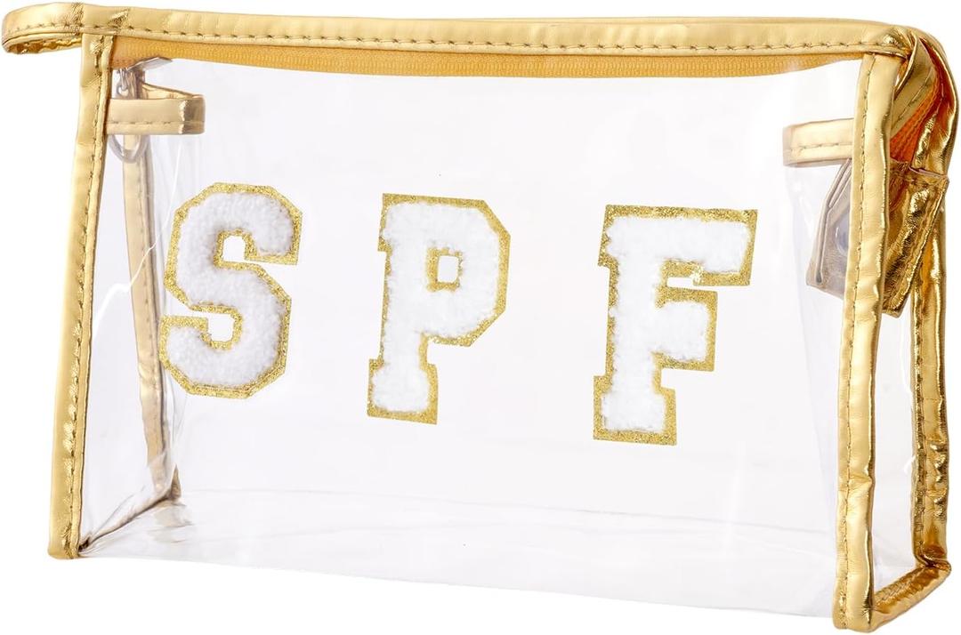 Clear Preppy Patch Makeup Bag, SPF Chenille Letter Bag for Beach, Clear Pouch with Zipper, Preppy Travel Bags Cosmetic Toiletry Bag for Women Girls Teens (Gold)