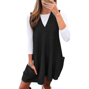Caracilia Womens Sweater Vest Dress Wool Blend V Neck Sleeveless Loose Fit Casual 2025 Fall Short Tank Dresses with Pockets (X-Large, Black)