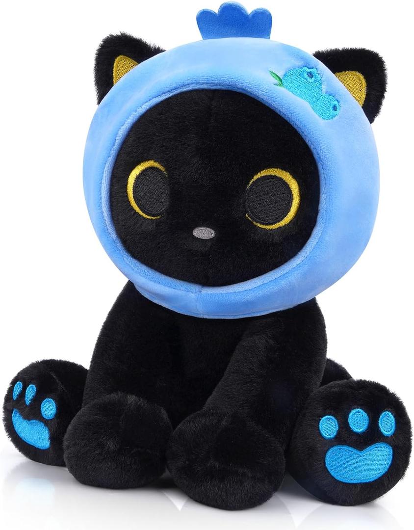 Black Cat Plush,8inch Blueberry Cat Stuffed Animals for Kids Cartoon Cats Plush, Cute Kitten Stuffy Gift for Kids Girl Boys Toddler Birthday