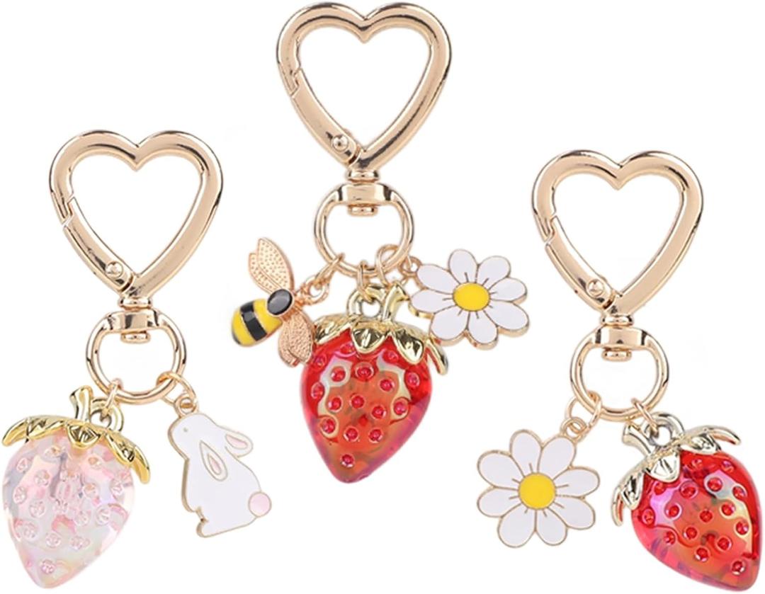 Tinoaly 3pcs Cute Strawberry Keychain, Zinc Alloy Strawberry Bag Charm Heart Rabbit Flower Key Ring Bee Fruit Key Chain Keyring for Purse Handbag Backpack