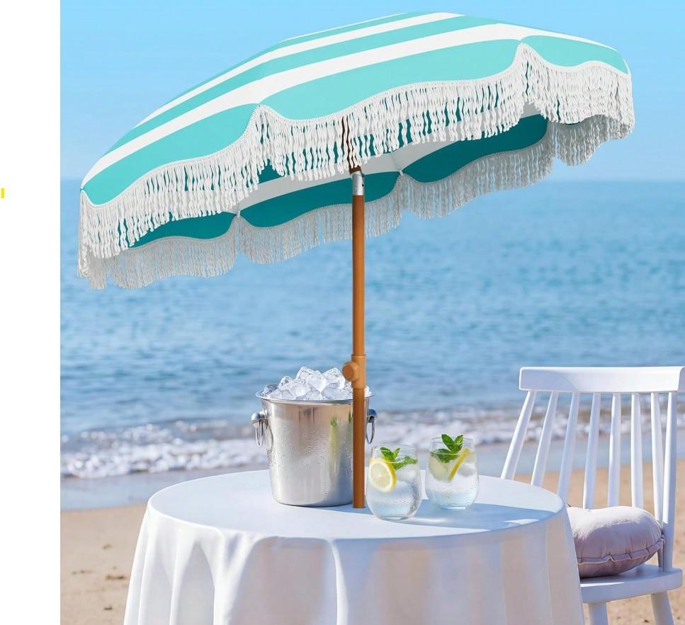 AreShark 7ft Patio Umbrella With Fringe, UPF50+ Beach Umbrella For Table, Pool &Amp; Garden, Portable Outdoor Tassels Umbrella W/Fiberglass Ribs;Push Bottom Tilt(Blue And White Stripe)