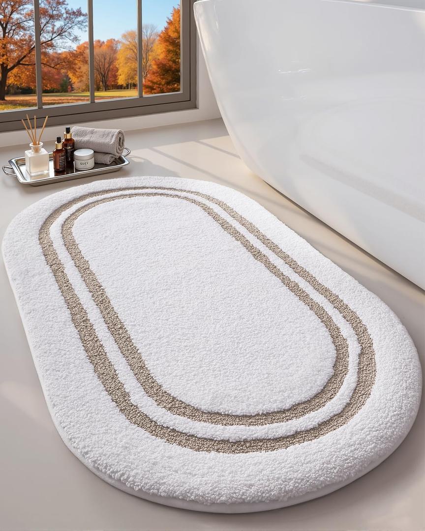 DEXI Oval Bath Mats for Bathroom, 24x43 Absorbent Bath Mat, Washable Microfiber Bathroom Rug with Non Slip Backing for Shower Floor, Beige