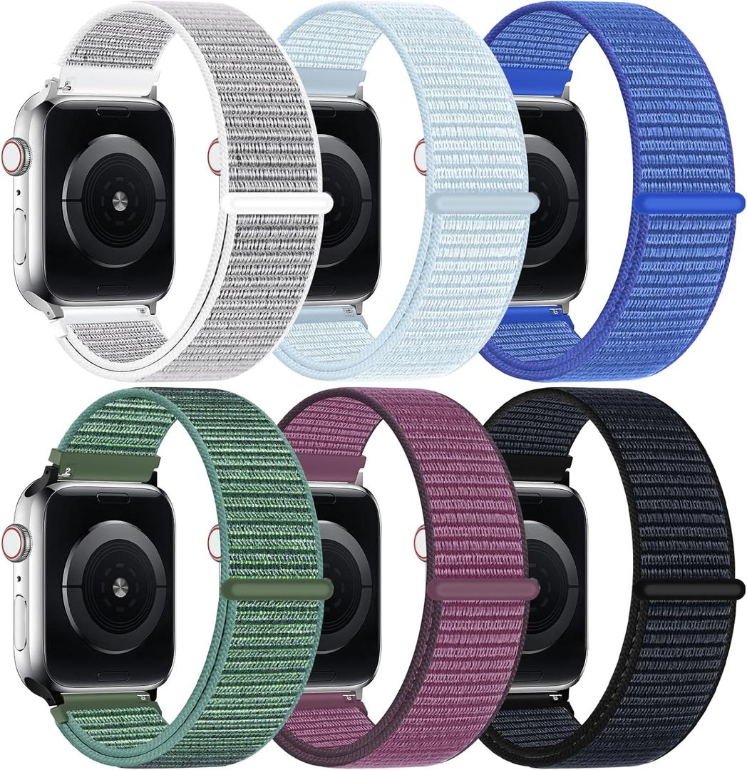 6 Pack Nylon Sport Loop Band Compatible with Apple Watch Bands 38mm/ 40mm/ 41mm/ 42mm(Series 10) iwatch Bands for Women Men, Soft Adjustable Strap for iWatch Series 10 9 8 7 6 5 4 3 2 1 SE Ultra (F:Blue Cloud/ Lake Green/ Ultramarine/ Ink/ Plum/ Seashell