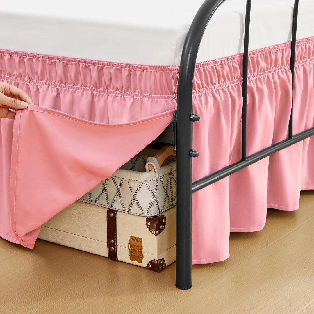 RIMELA Dusty Pink Bed Skirts with Split Corners Twin Size 15 Inch Drop,Elastic Bed Skirting Wrap Around, Easy to Install Dust Ruffles Soft Fabric,Machine Washable bedskirts for Metal Frame
