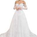 Women's Elegant Off-Shoulder Wedding Dress with French Lace Long Sleeves Floor-Length A-Line Bridal Gown for Engagement (White)