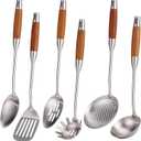 18/10 Stainless Steel Kitchen Utensils Set with Wood Handle - 15 Long Metal Cooking Tools - Serving Solid/Slotted Spoon, Turner, Skimmer, Soup Ladle, Spaghetti Spoon, Large Spoons Set of 6