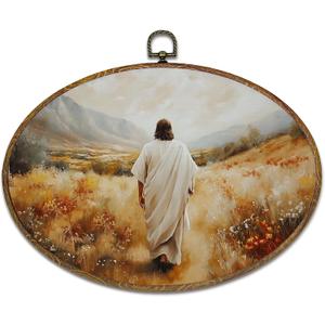 kdqua Christian Jesus Oval Wall Art Decor, Jesus Rustic Mountain Landscape Canvas Artwork Framed, Religious Christian Wall Hanging Decorations for Home Bedroom Living Room Church, 11.4x8.6 Inch (Fall 3)
