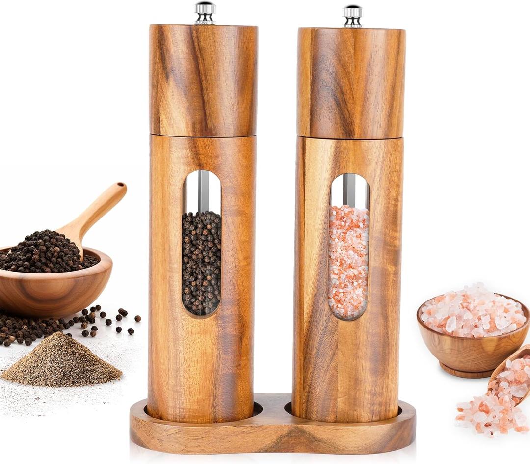 Acacia Wood Salt and Pepper Grinder Set with Base, Refillable Wooden Pepper & Salt Mill with Adjustable Ceramic Grinder for Kitchen & Dining (Style 2)