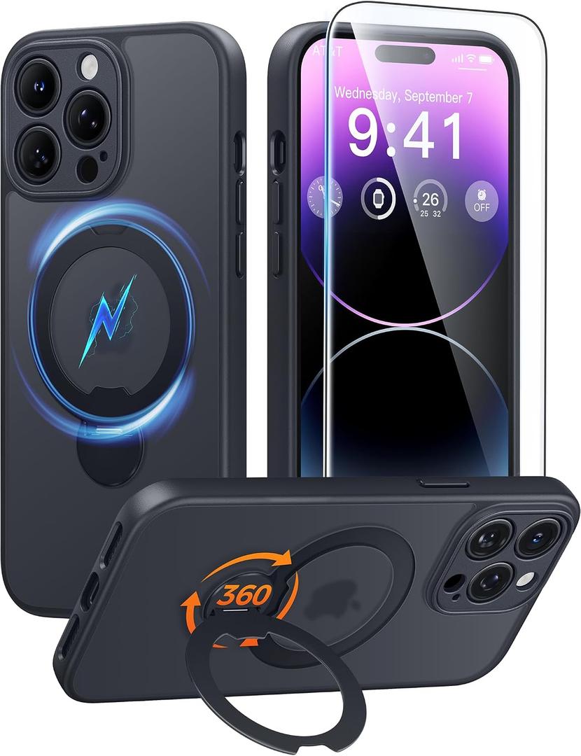 FNTCASE for iPhone 14 Pro-Max Case: [360 Spin Magnetic Stand] [Compatible with Magsafe]  Translucent Matte Military Grade Shockproof Full Camera Protective Phone Cover - Black