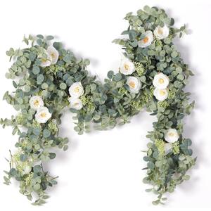 PARTY JOY 2pcs 6.56ft Eucalyptus Garland with Flowers-8 White Roses, Artificial Fake Flowers Greenery Garland Floral Vines for Decoration Party Wedding Table Indoor Outdoor Backdrop Wall Decor(White)