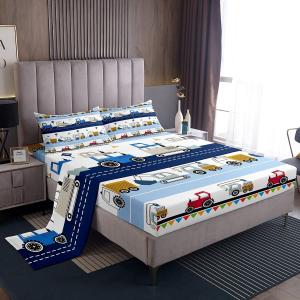 Feelyou Construction Sheet Set Kids Equipment Trucks Sheets with Deep Pocket Fitted Sheet Boys Cartoon Car Excavator Tractor Bed Sheets Set Construction Vehicles Blue White Bedding Set King Size (Multi 1229)